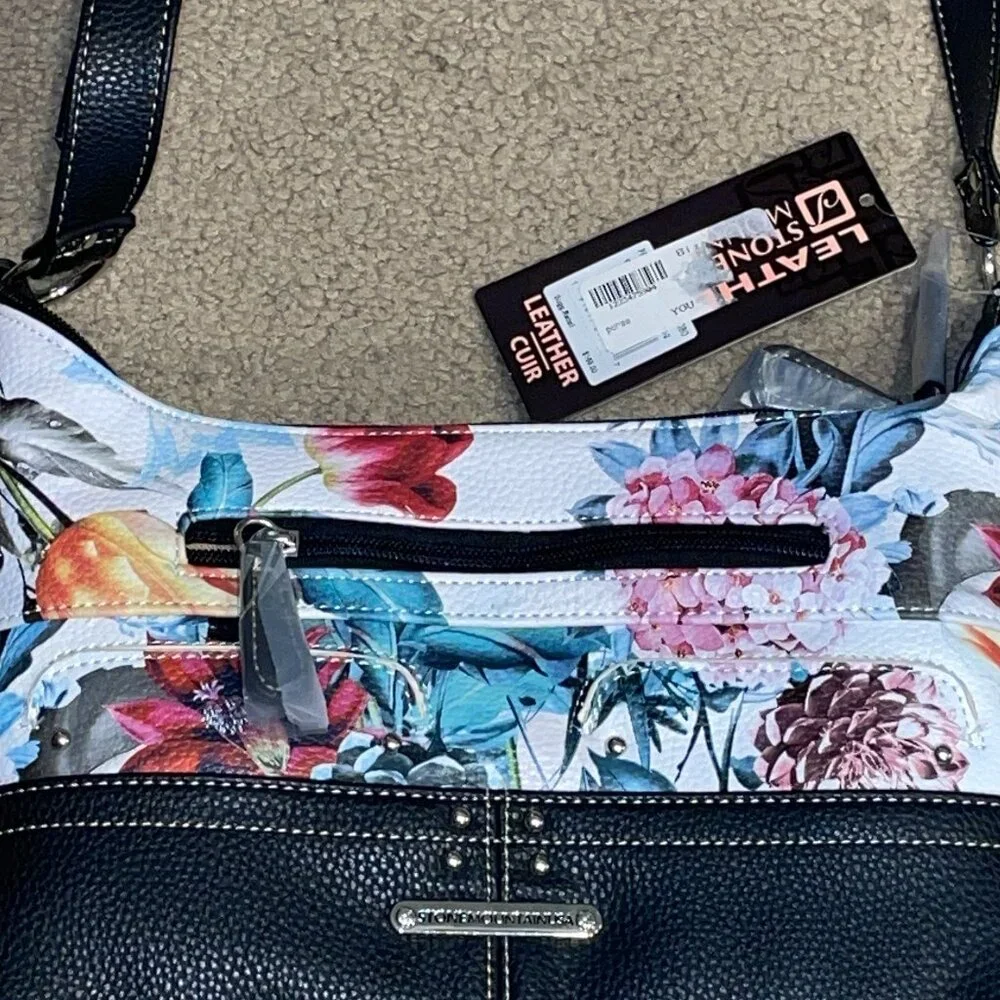 NWT $169 Leather STONE MOUNTAIN Pebbled Floral Hobo Purse
